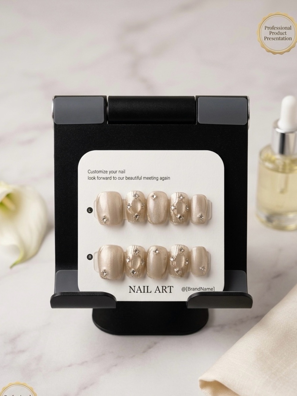 Neutral Beige Rhinestone Press-On Nail Set